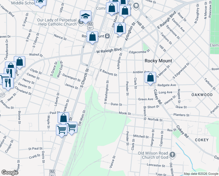 map of restaurants, bars, coffee shops, grocery stores, and more near 727 S Washington St in Rocky Mt