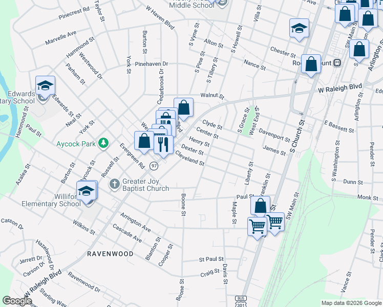 map of restaurants, bars, coffee shops, grocery stores, and more near 631 Henry Street in Rocky Mount