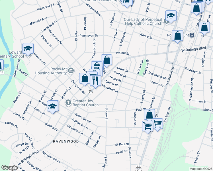map of restaurants, bars, coffee shops, grocery stores, and more near 813 West Raleigh Boulevard in Rocky Mount