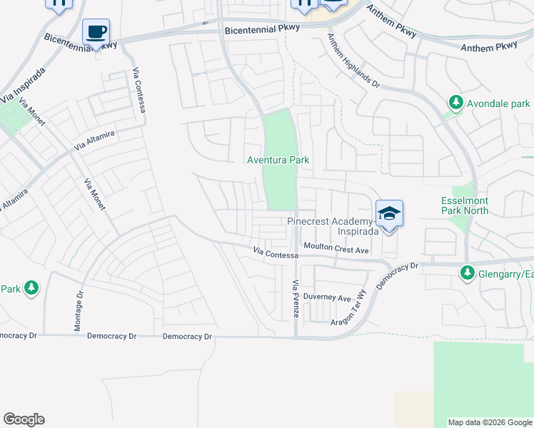 map of restaurants, bars, coffee shops, grocery stores, and more near 2525 Via Firenze in Henderson