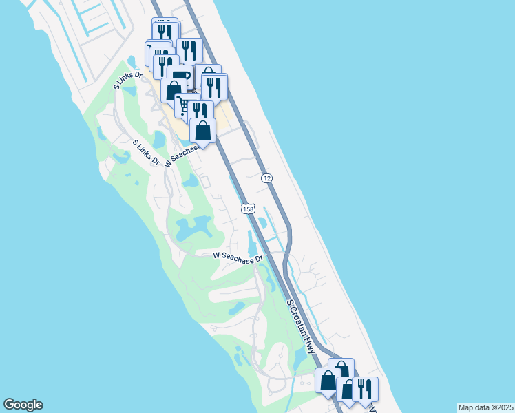 map of restaurants, bars, coffee shops, grocery stores, and more near 5602 South Sandbar Drive in Nags Head