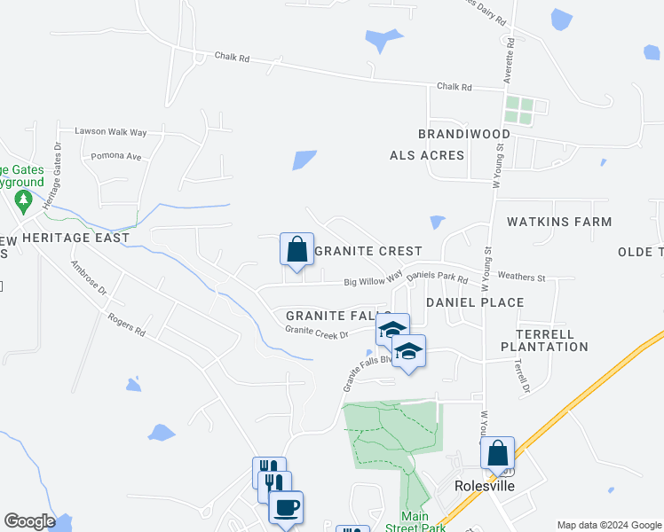 map of restaurants, bars, coffee shops, grocery stores, and more near 610 Tall Willow Court in Rolesville