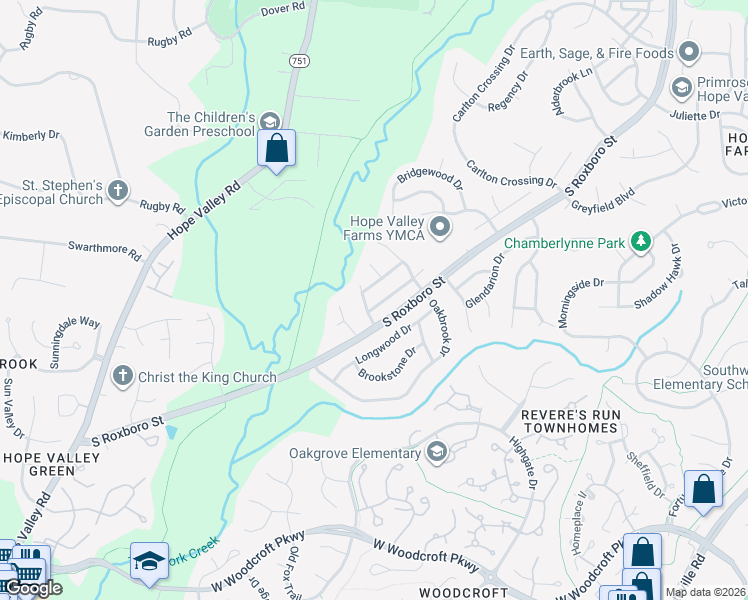 map of restaurants, bars, coffee shops, grocery stores, and more near 5116 Carolwood Lane in Durham