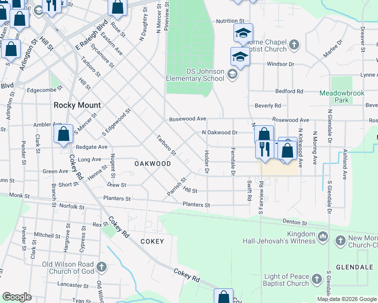 map of restaurants, bars, coffee shops, grocery stores, and more near 1100 Sycamore Street in Rocky Mount