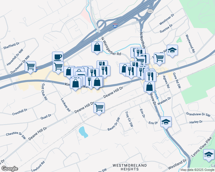 map of restaurants, bars, coffee shops, grocery stores, and more near 6411 Kingston Pike in Knoxville