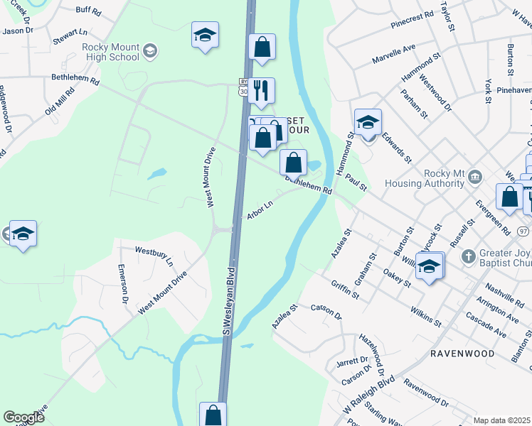 map of restaurants, bars, coffee shops, grocery stores, and more near 1125 Arbor Lane in Rocky Mount