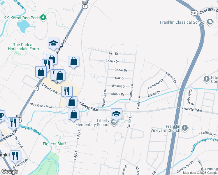 map of restaurants, bars, coffee shops, grocery stores, and more near 223 Walnut Drive in Franklin