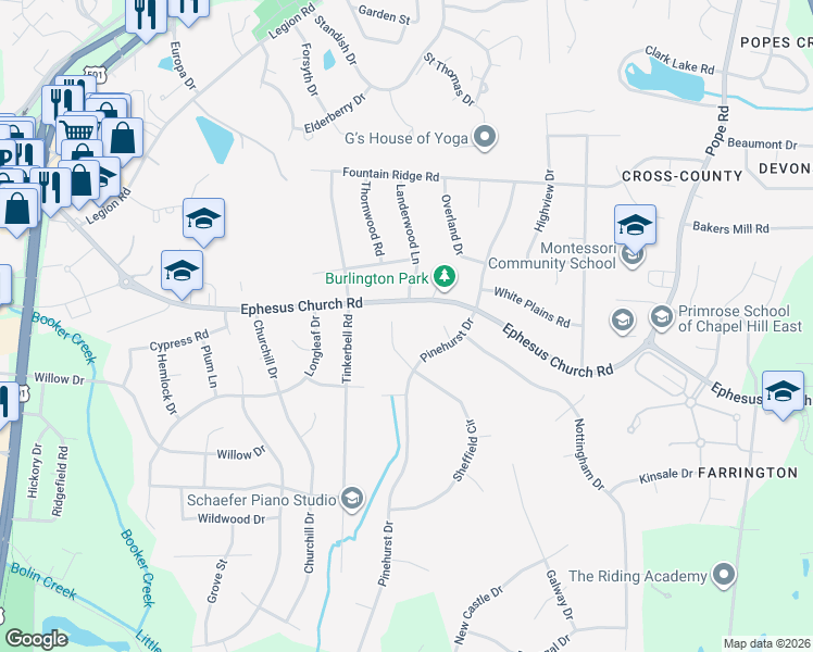map of restaurants, bars, coffee shops, grocery stores, and more near 112 Lynwood Place in Chapel Hill
