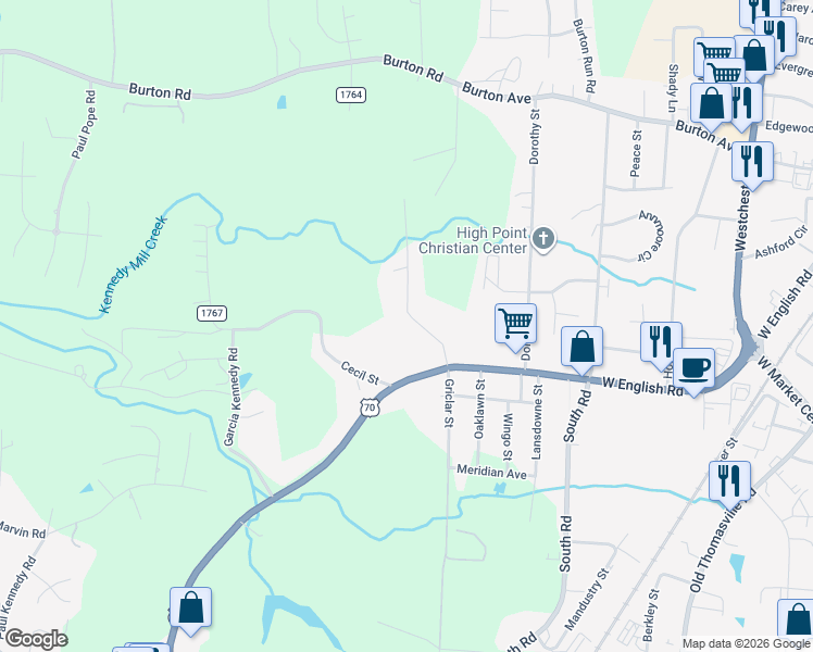 map of restaurants, bars, coffee shops, grocery stores, and more near 261 Sunset Drive in Thomasville