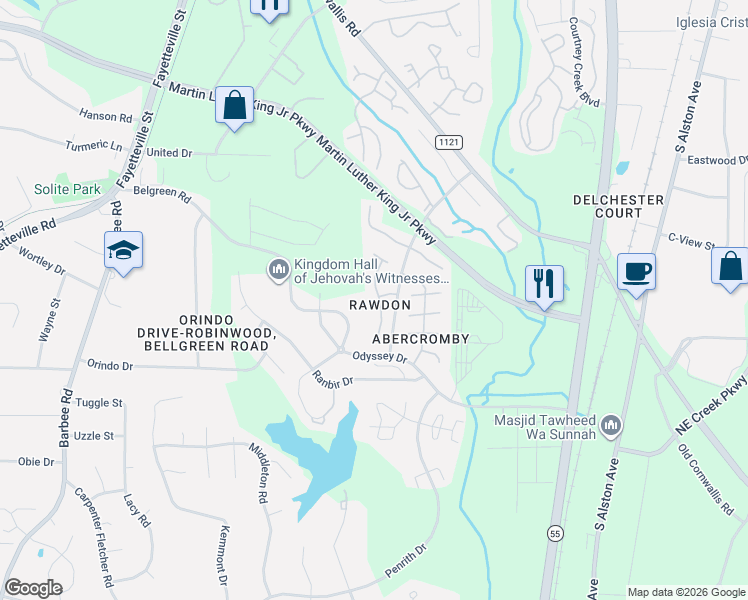 map of restaurants, bars, coffee shops, grocery stores, and more near 1705 Kirkland Run in Durham