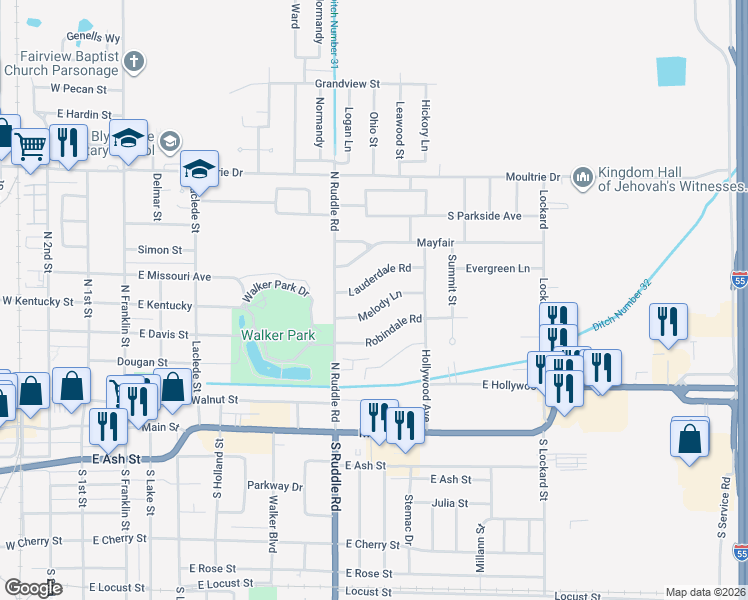 map of restaurants, bars, coffee shops, grocery stores, and more near 813 Lauderdale Road in Blytheville