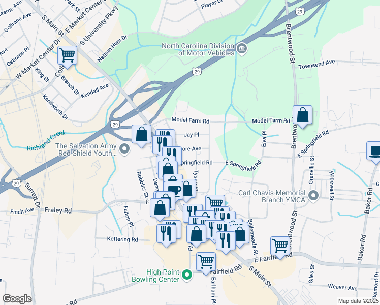 map of restaurants, bars, coffee shops, grocery stores, and more near 205 East Moore Avenue in High Point