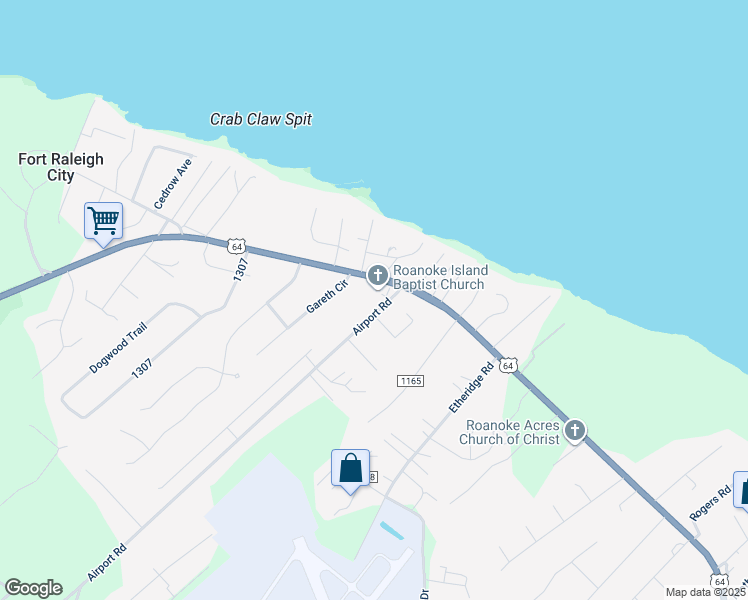 map of restaurants, bars, coffee shops, grocery stores, and more near 115 Airport Road in Manteo