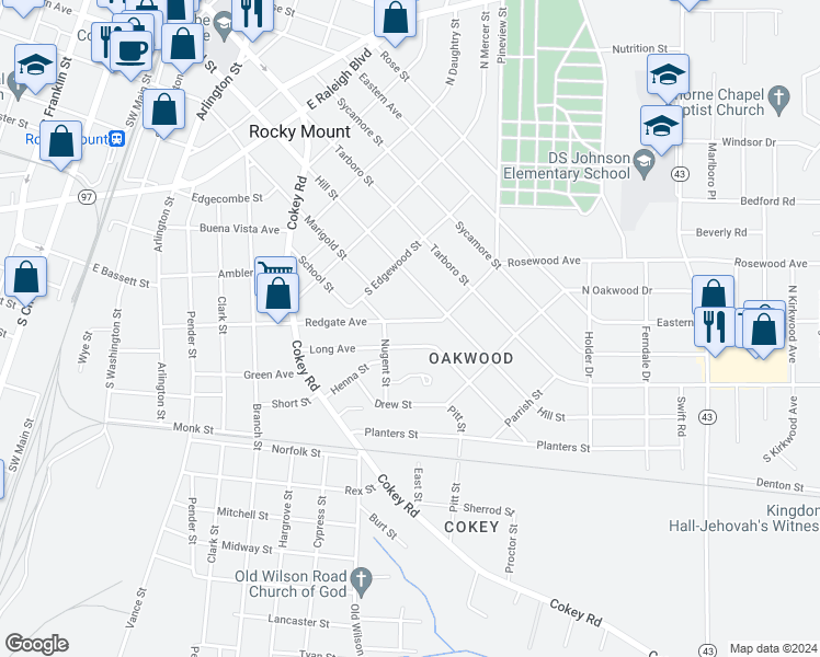 map of restaurants, bars, coffee shops, grocery stores, and more near 917 Redgate Avenue in Rocky Mount