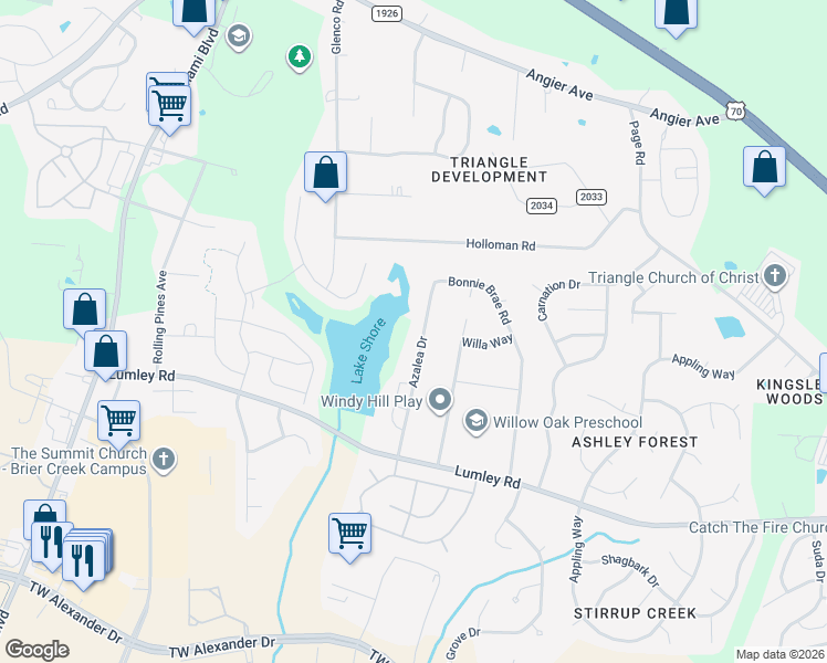 map of restaurants, bars, coffee shops, grocery stores, and more near 2502 Azalea Drive in Durham