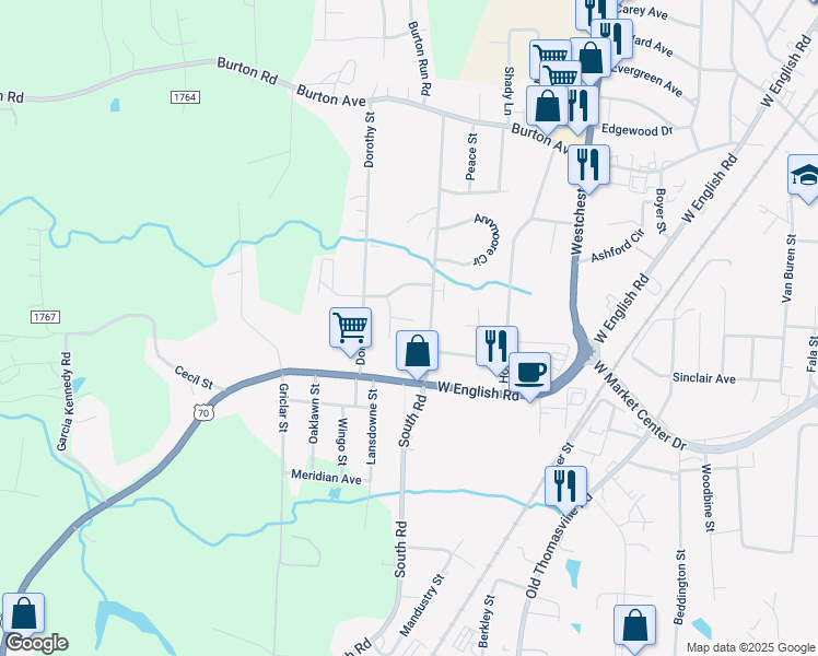 map of restaurants, bars, coffee shops, grocery stores, and more near 1509 Elgin Avenue in High Point