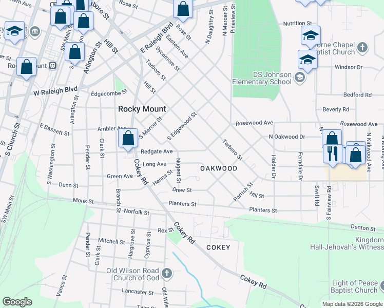 map of restaurants, bars, coffee shops, grocery stores, and more near 945 Hill Street in Rocky Mount