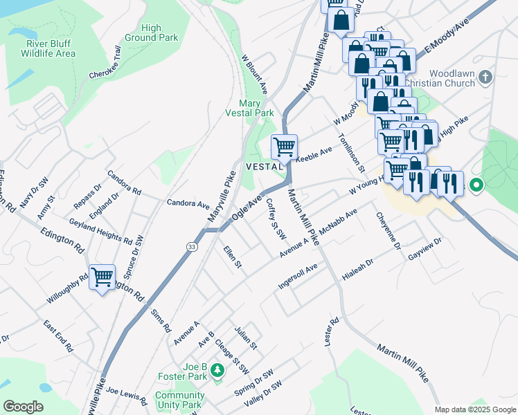 map of restaurants, bars, coffee shops, grocery stores, and more near 4200 Coffey Street Southwest in Knoxville