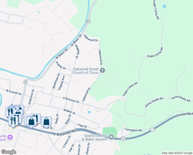 map of restaurants, bars, coffee shops, grocery stores, and more near 361 Oakwood Street in Sparta