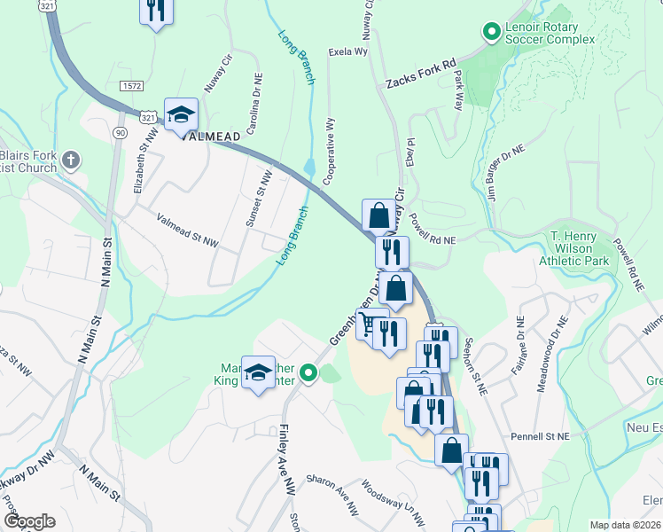 map of restaurants, bars, coffee shops, grocery stores, and more near 1245 Blowing Rock Boulevard in Lenoir