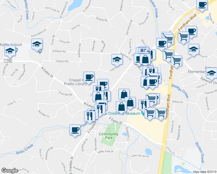 map of restaurants, bars, coffee shops, grocery stores, and more near 1515 East Franklin Street in Chapel Hill