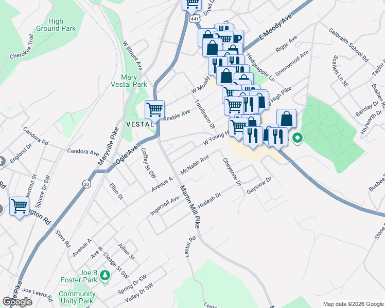 map of restaurants, bars, coffee shops, grocery stores, and more near 346 West Young High Pike in Knoxville