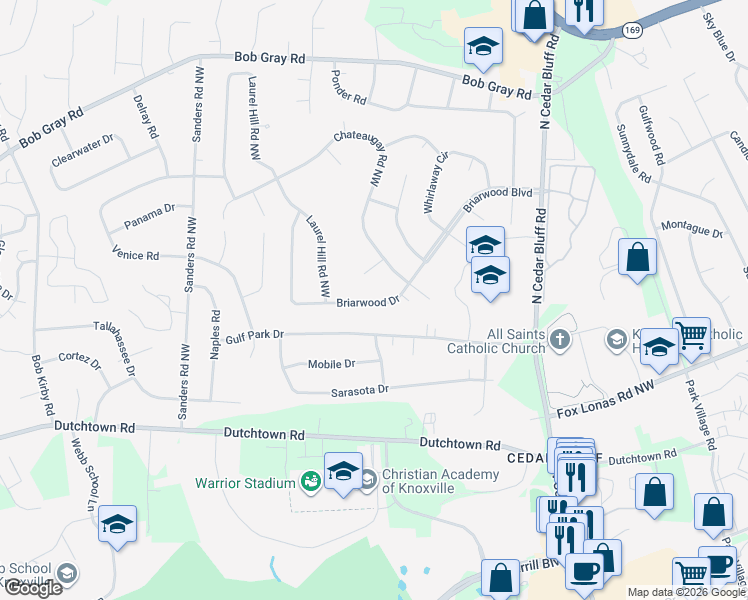 map of restaurants, bars, coffee shops, grocery stores, and more near 9517 Briarwood Drive in Knoxville