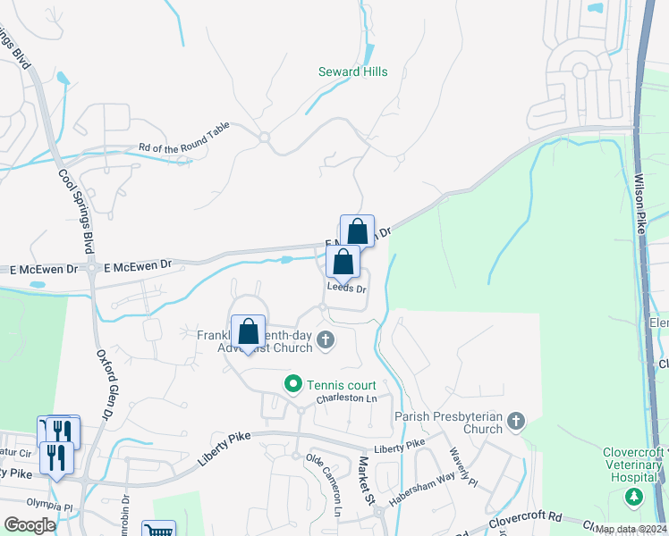 map of restaurants, bars, coffee shops, grocery stores, and more near 1241 Broadmoor Circle in Franklin