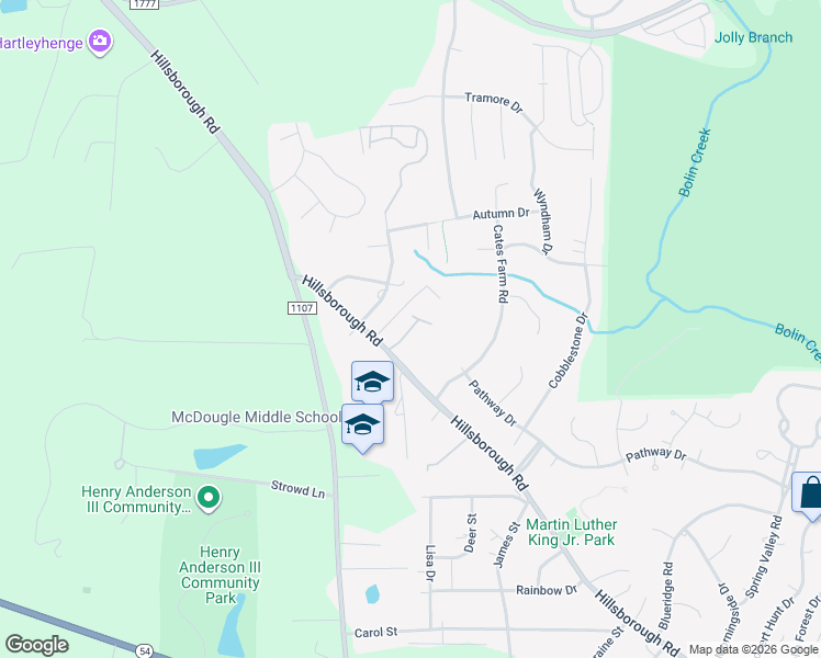 map of restaurants, bars, coffee shops, grocery stores, and more near 130 Sanderway Drive in Chapel Hill