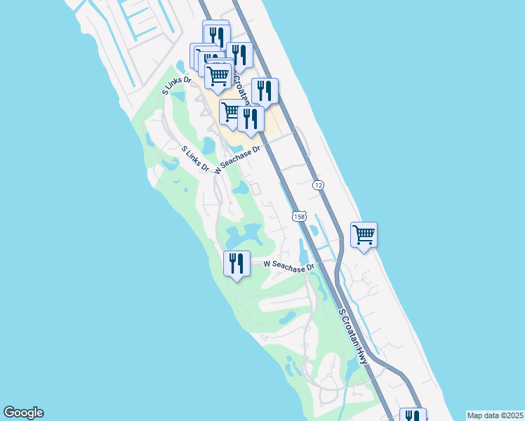map of restaurants, bars, coffee shops, grocery stores, and more near 107 Hillside Court in Nags Head