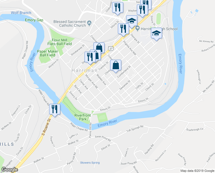 map of restaurants, bars, coffee shops, grocery stores, and more near 398 Cumberland Street in Harriman