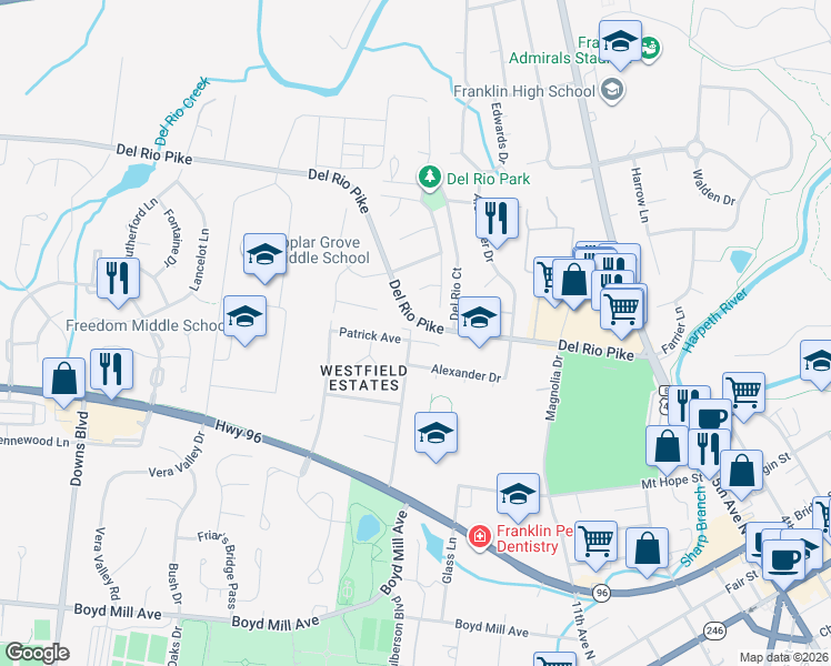 map of restaurants, bars, coffee shops, grocery stores, and more near 301 Patrick Avenue in Franklin