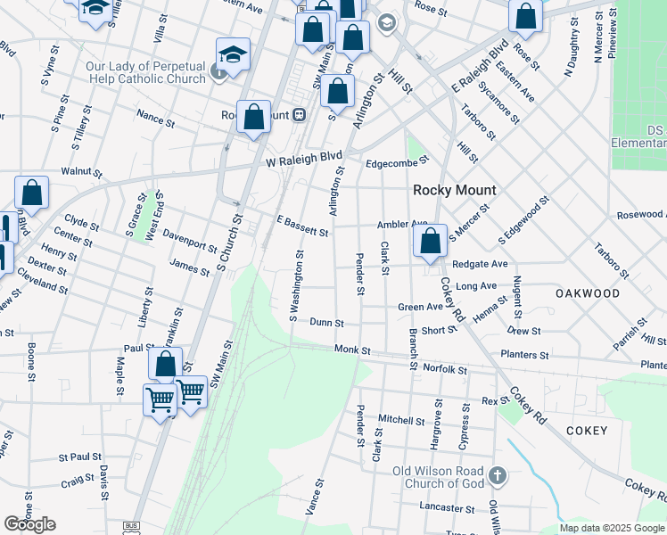 map of restaurants, bars, coffee shops, grocery stores, and more near 724 Arlington Street in Rocky Mount