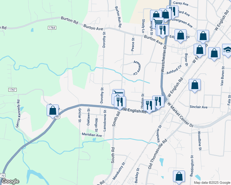 map of restaurants, bars, coffee shops, grocery stores, and more near 1509 Elgin Avenue in High Point