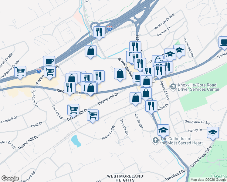 map of restaurants, bars, coffee shops, grocery stores, and more near 6221 Kingston Pike in Knoxville