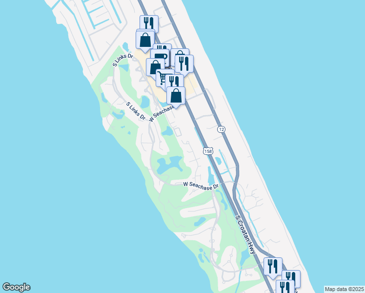 map of restaurants, bars, coffee shops, grocery stores, and more near 107 Hillside Court in Nags Head
