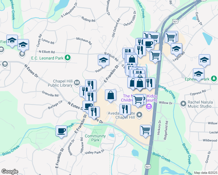 map of restaurants, bars, coffee shops, grocery stores, and more near 207 Conner Drive in Chapel Hill