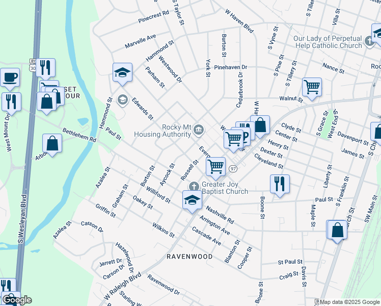 map of restaurants, bars, coffee shops, grocery stores, and more near 1201 Edwards Street in Rocky Mount