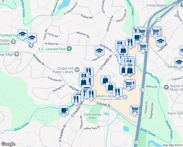 map of restaurants, bars, coffee shops, grocery stores, and more near 1515 East Franklin Street in Chapel Hill
