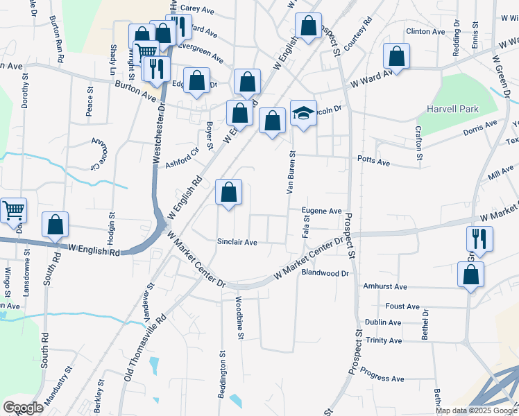 map of restaurants, bars, coffee shops, grocery stores, and more near 1900 Eugene Avenue in High Point