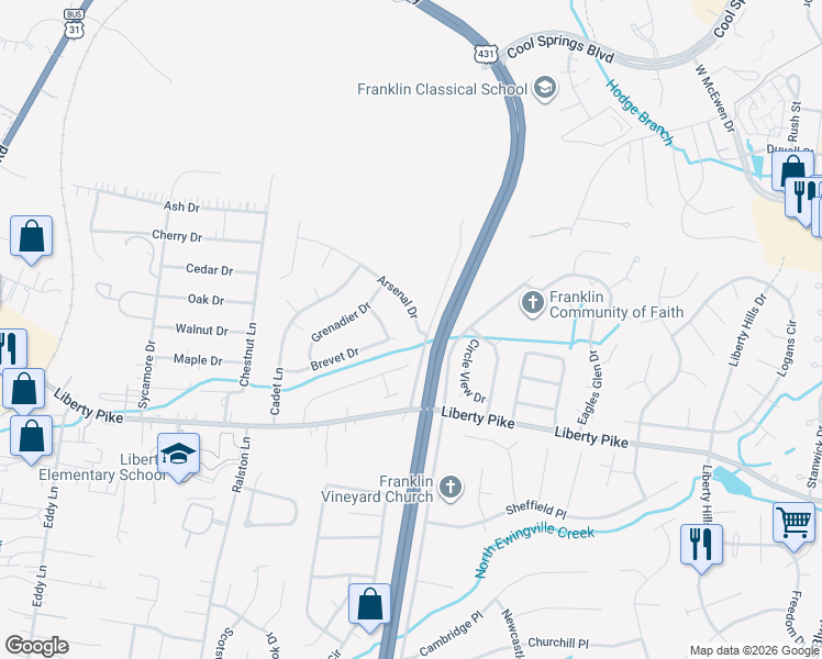 map of restaurants, bars, coffee shops, grocery stores, and more near 153 Arsenal Drive in Franklin