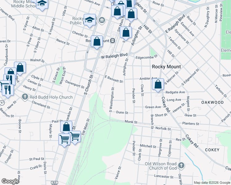 map of restaurants, bars, coffee shops, grocery stores, and more near 727 S Washington St in Rocky Mt