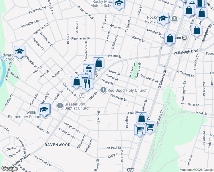 map of restaurants, bars, coffee shops, grocery stores, and more near 631 Henry Street in Rocky Mount