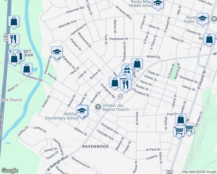 map of restaurants, bars, coffee shops, grocery stores, and more near 1107 Evergreen Road in Rocky Mount