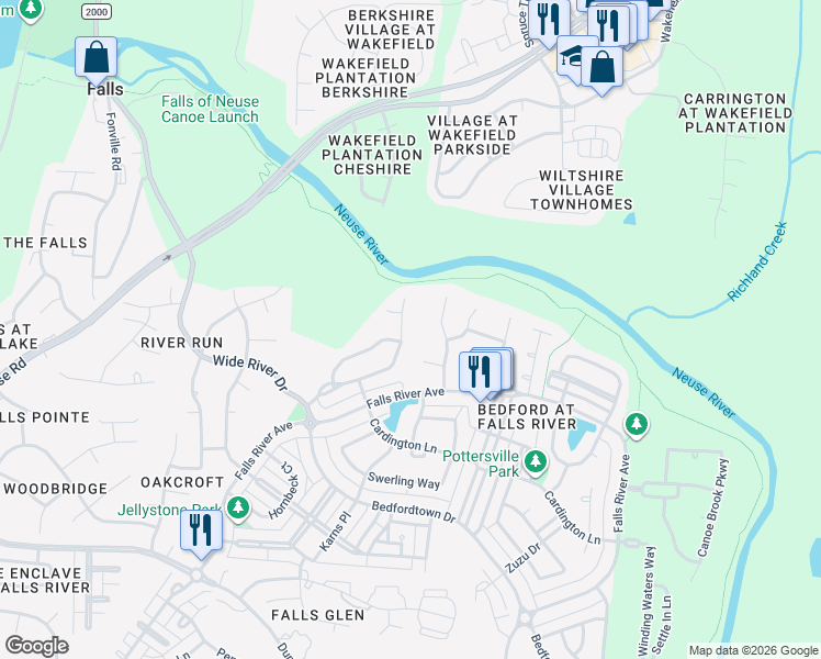 map of restaurants, bars, coffee shops, grocery stores, and more near 3605 Strolling Court in Raleigh