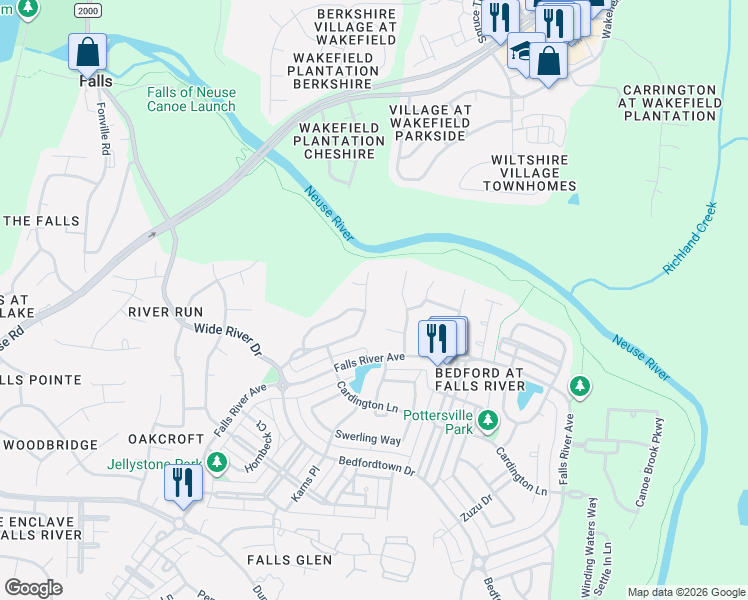map of restaurants, bars, coffee shops, grocery stores, and more near 3605 Strolling Court in Raleigh