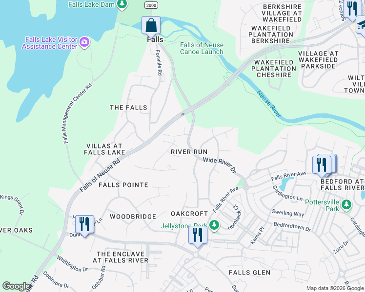 map of restaurants, bars, coffee shops, grocery stores, and more near 2005 Falls Farm Crossing in Raleigh