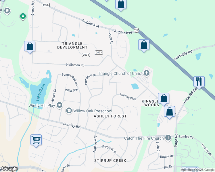map of restaurants, bars, coffee shops, grocery stores, and more near 2407 Oleander Drive in Durham