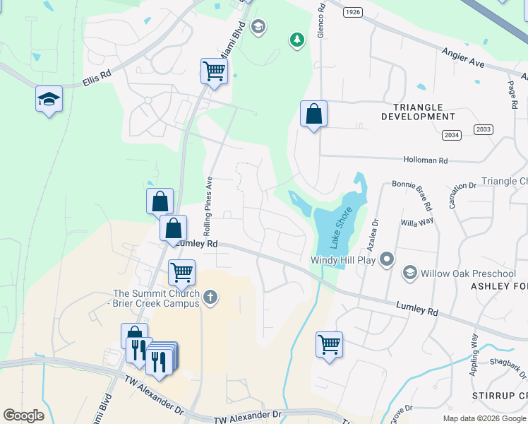 map of restaurants, bars, coffee shops, grocery stores, and more near 6111 Lakefront Street in Durham