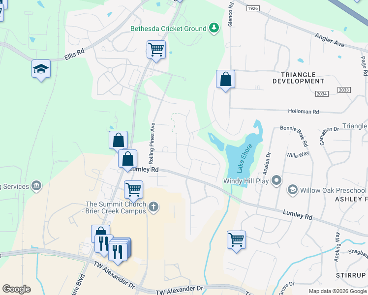 map of restaurants, bars, coffee shops, grocery stores, and more near 1211 Bluewater Way in Durham